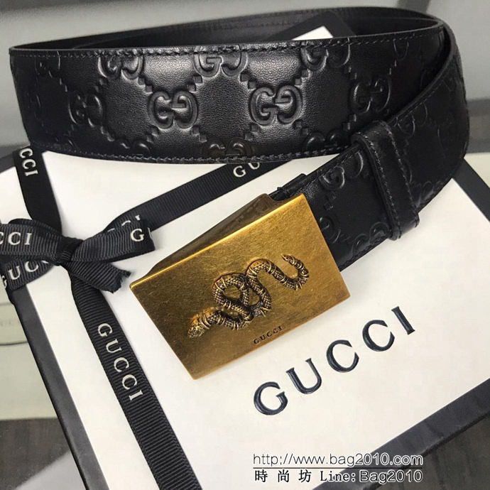 GUCCI古馳 官網新款 正品規格 原單品質 頭層小牛皮壓花 對版尖尾 復古花蛇板扣 男士皮帶  xfp1091